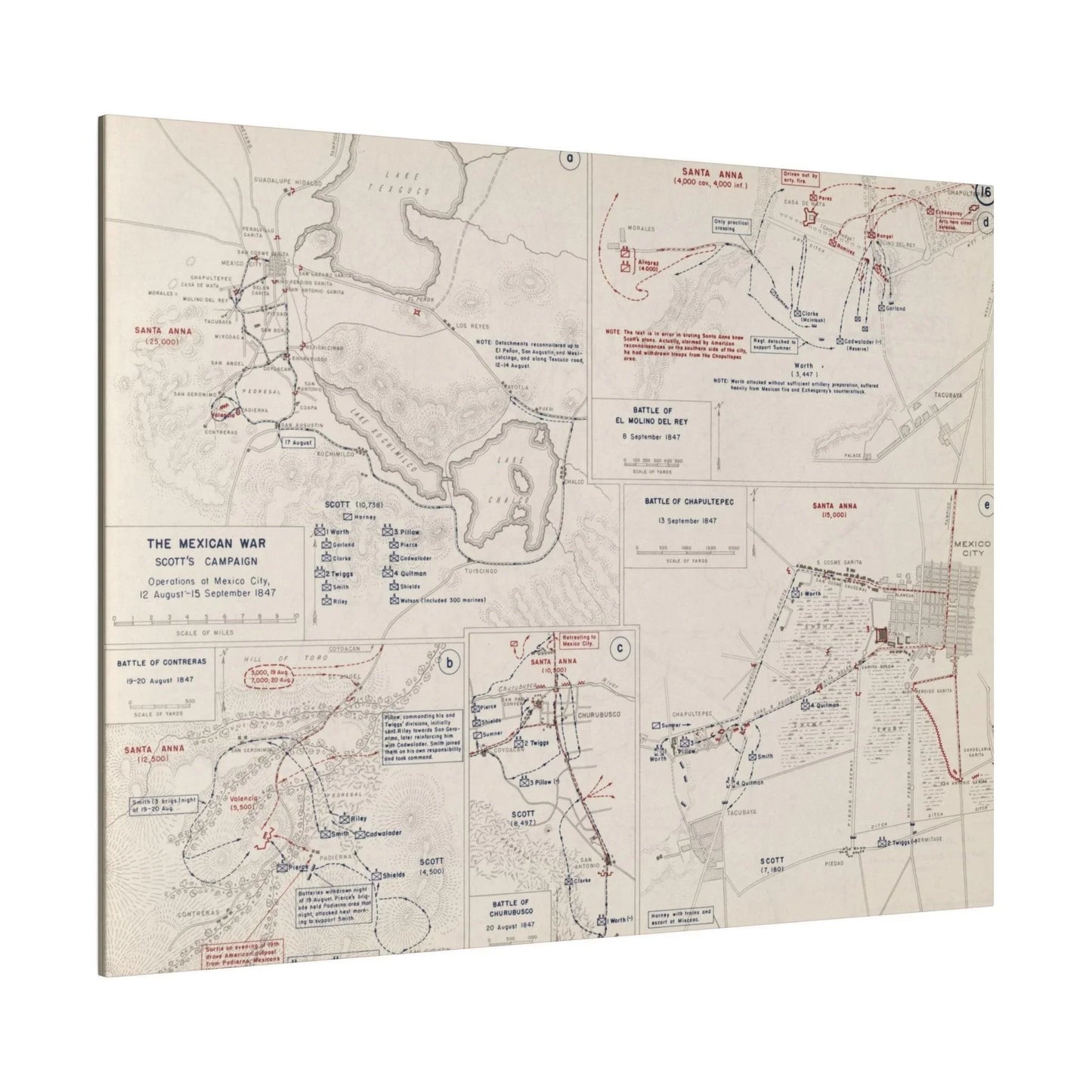 Close-up of textured canvas surface highlighting historic WWII map details and muted color palette from a top corner angle.