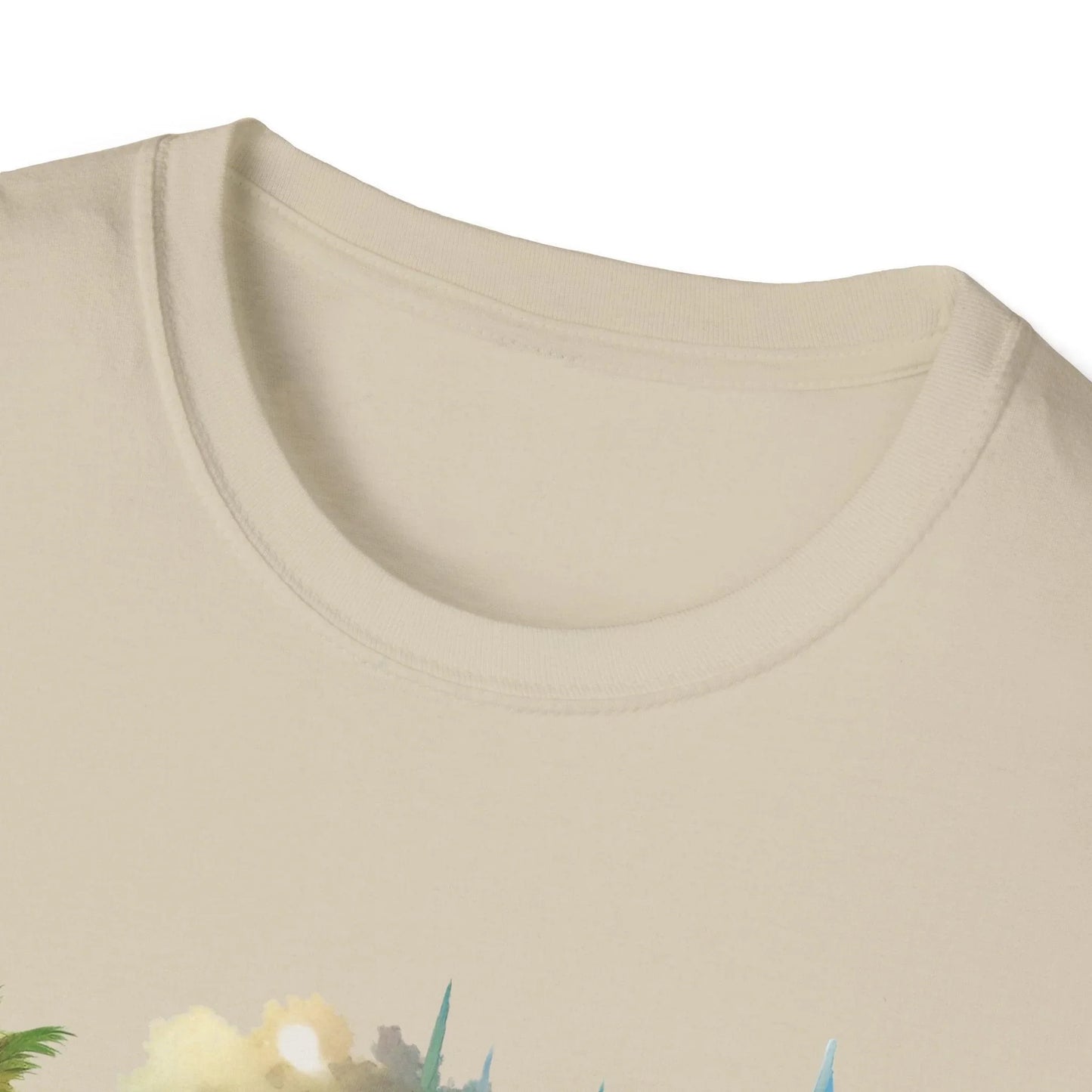 Close-up of the unisex softstyle T-shirt fabric showing subtle heather gray texture and reinforced stitching at the neckline.