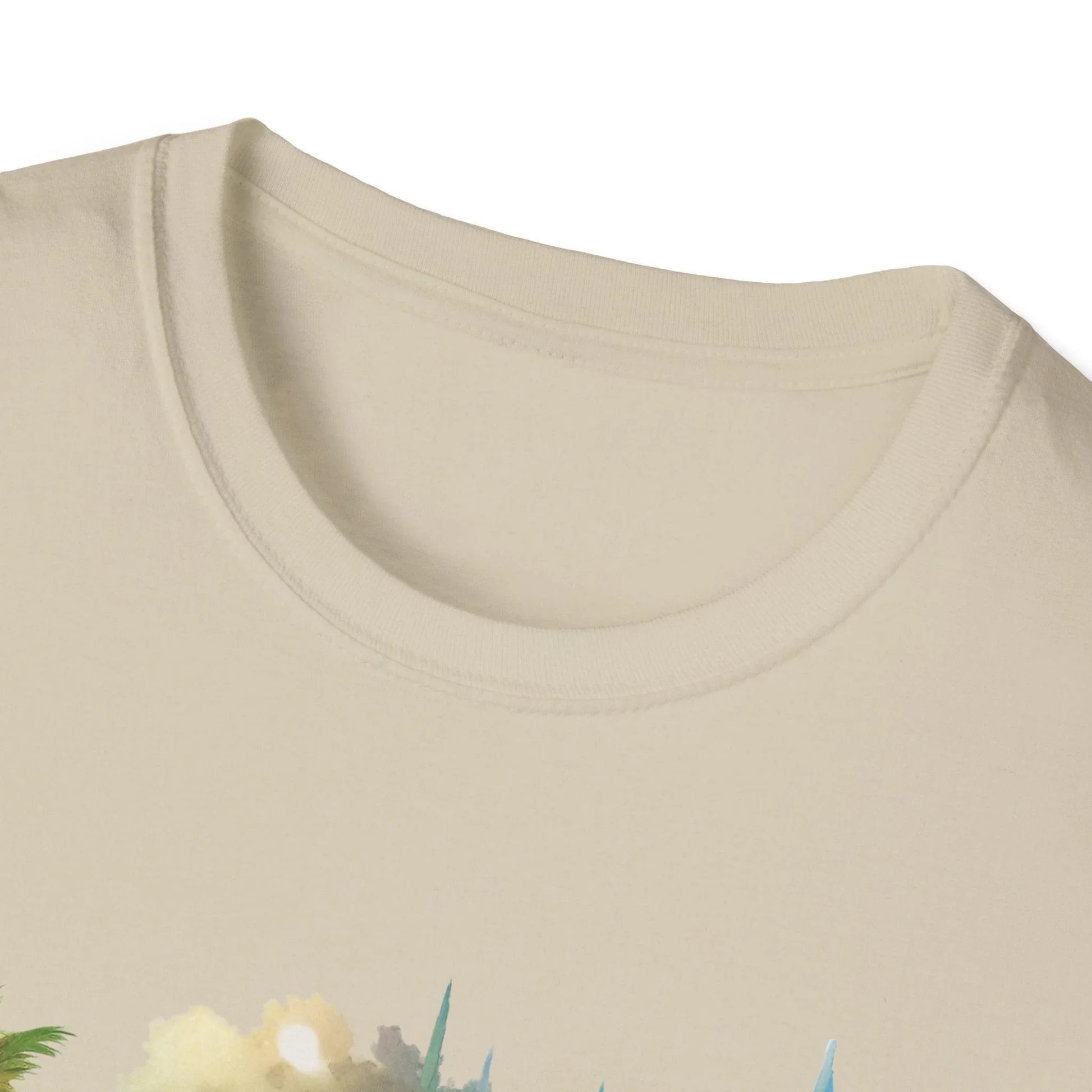 Close-up of the unisex softstyle T-shirt fabric showing subtle heather gray texture and reinforced stitching at the neckline.