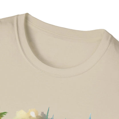 Close-up of the unisex softstyle T-shirt fabric showing subtle heather gray texture and reinforced stitching at the neckline.