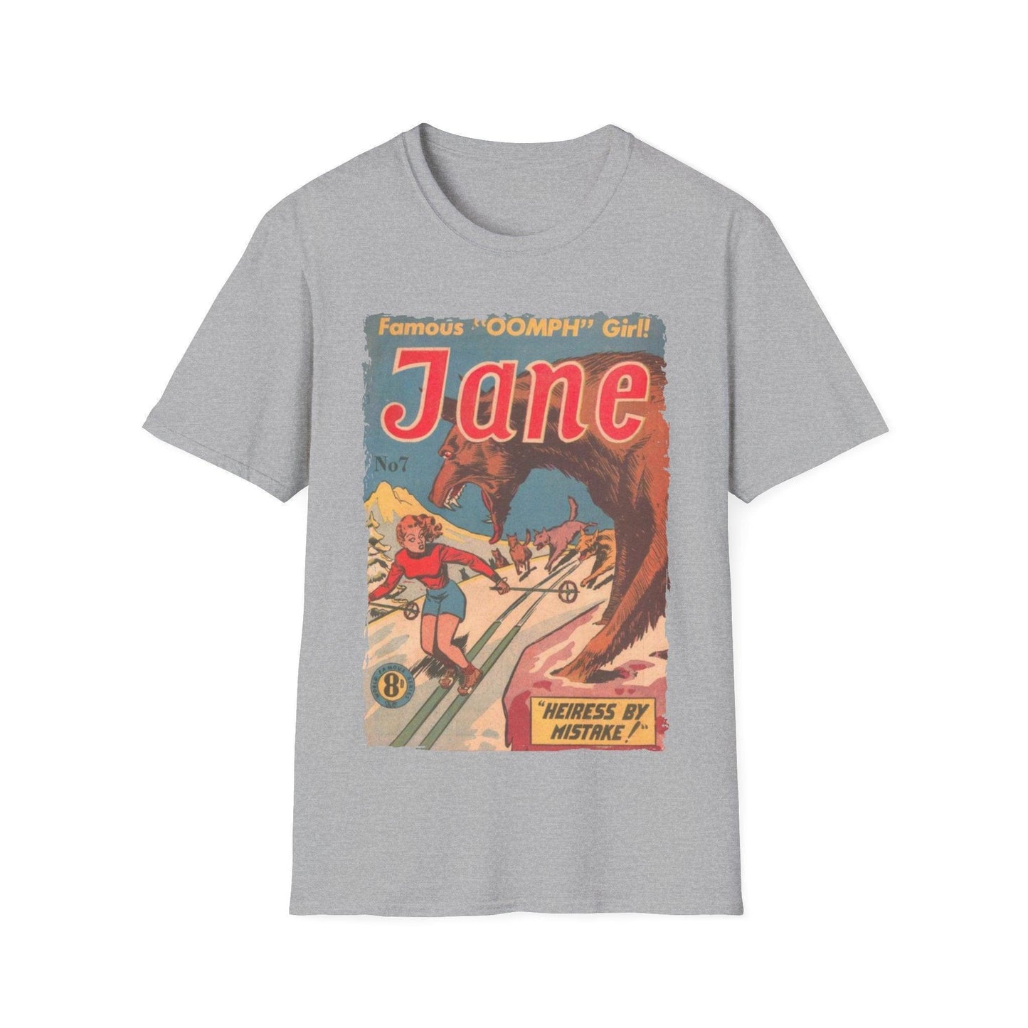 Close-up of Jane No.7 unisex softstyle T-shirt's soft cotton fabric featuring subtle heather gray texture from a front-angle