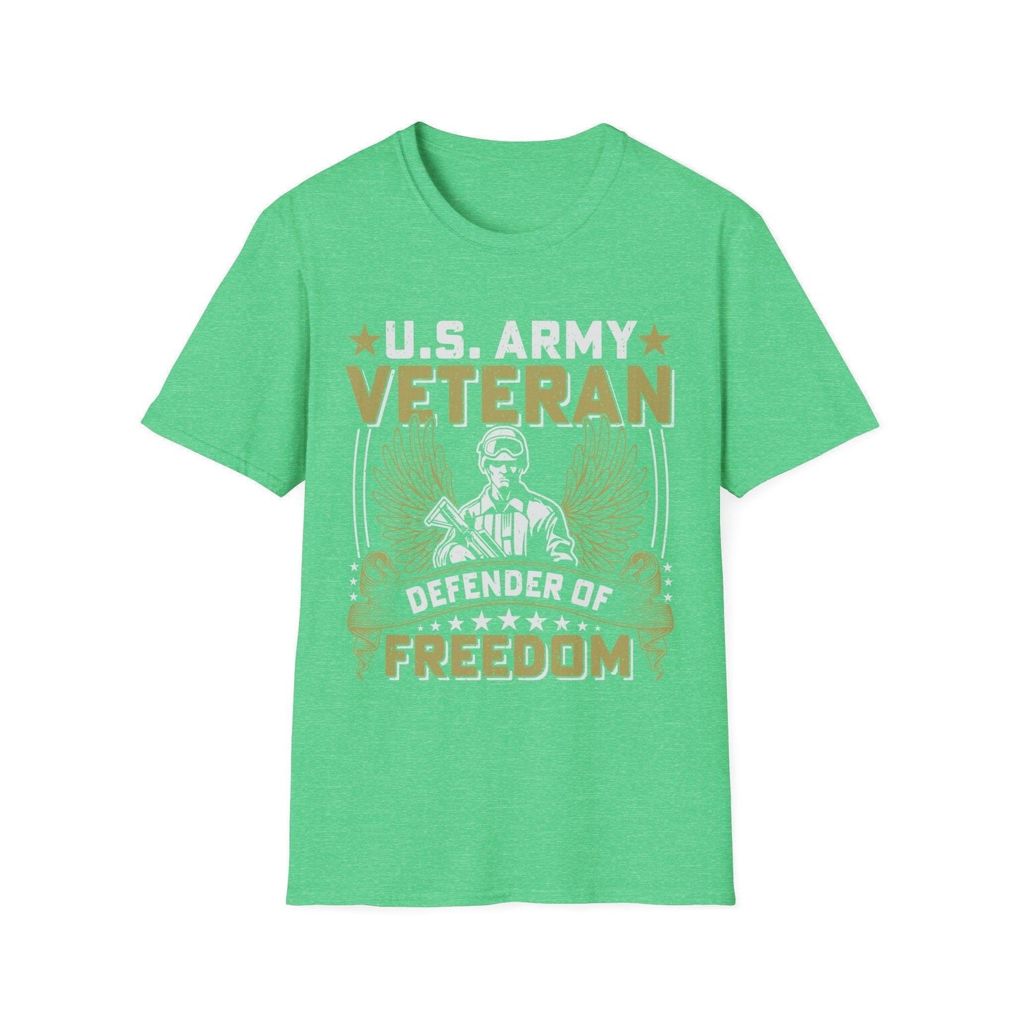 Close-up of the Army Defender of Freedom T-shirt's soft cotton fabric and reinforced neckline stitching from the front