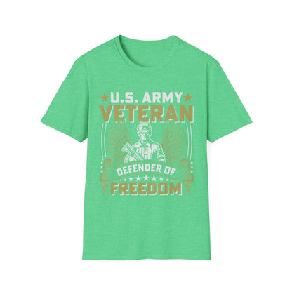 Close-up of the Army Defender of Freedom T-shirt's soft cotton fabric and reinforced neckline stitching from the front