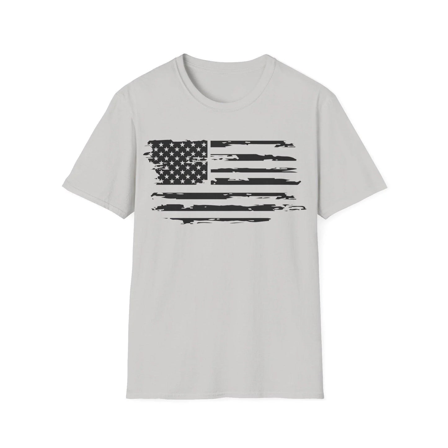 Close-up of distressed black-and-white American flag pattern on soft cotton fabric showcasing vintage, worn texture and