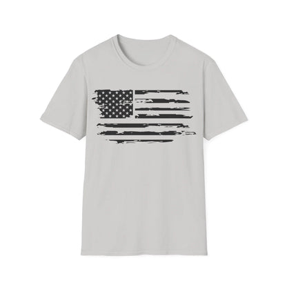 Close-up of distressed black-and-white American flag pattern on soft cotton fabric showcasing vintage, worn texture and