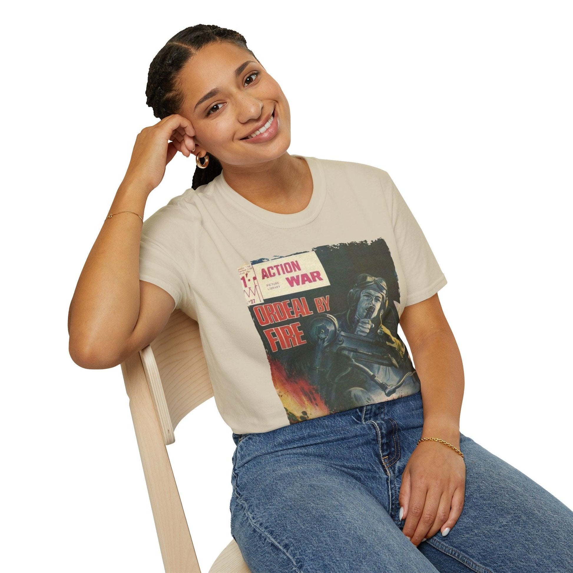 Close-up of the unisex softstyle T-shirt's collar displaying smooth stitching and subtle fabric texture in deep navy color.