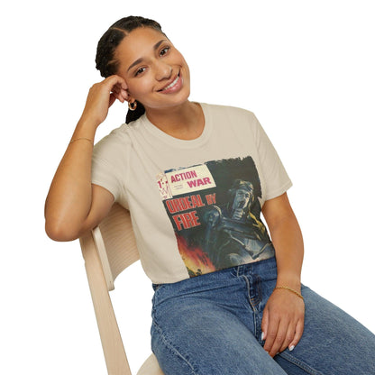 Close-up of the unisex softstyle T-shirt's collar displaying smooth stitching and subtle fabric texture in deep navy color.