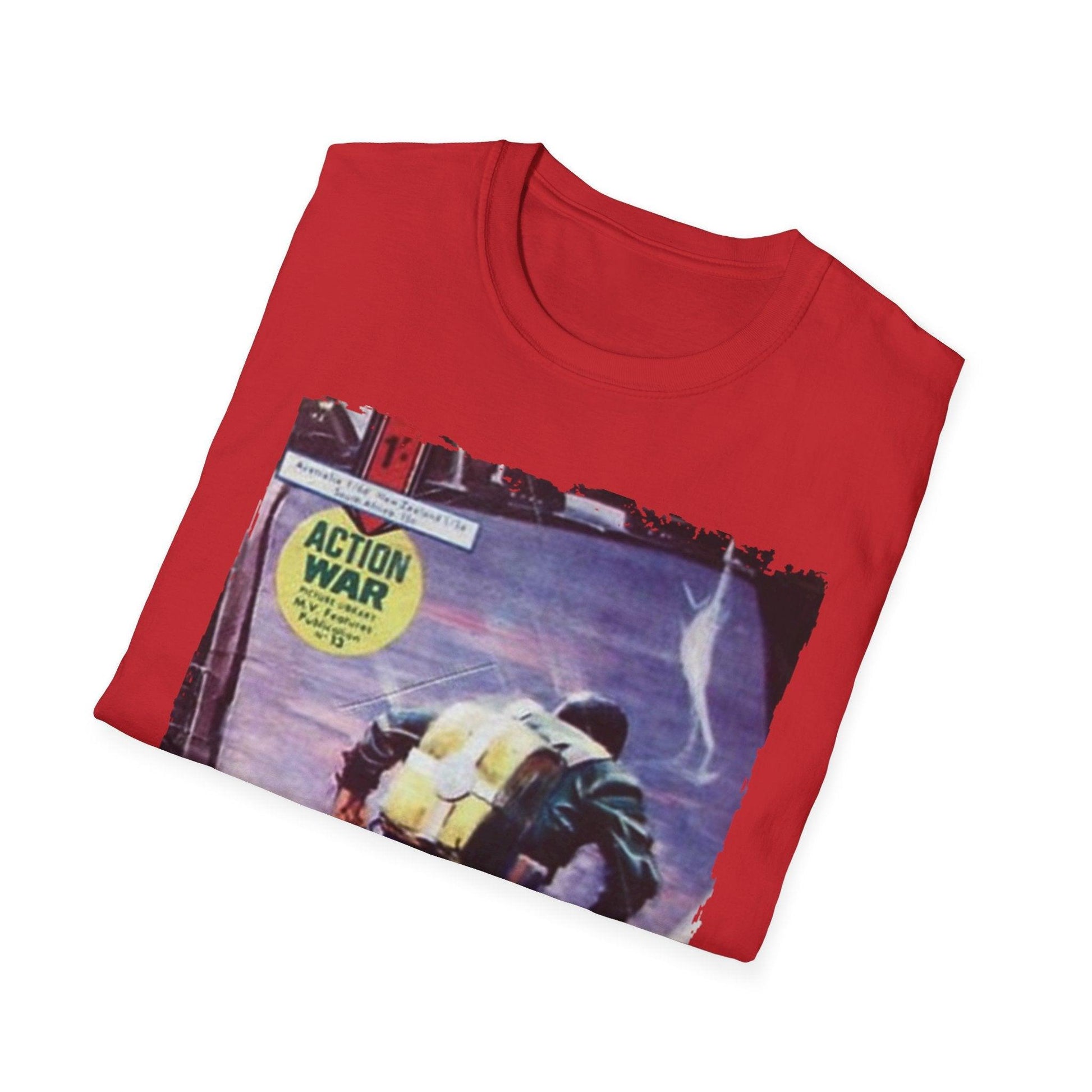 Close-up of the unisex softstyle T-shirt's neckline and sleeve stitching in vibrant black cotton fabric with relaxed fit.