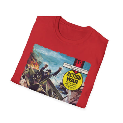 Close-up of the unisex softstyle T-shirt neckline featuring a sewn-in tag and smooth fabric texture in navy blue from a