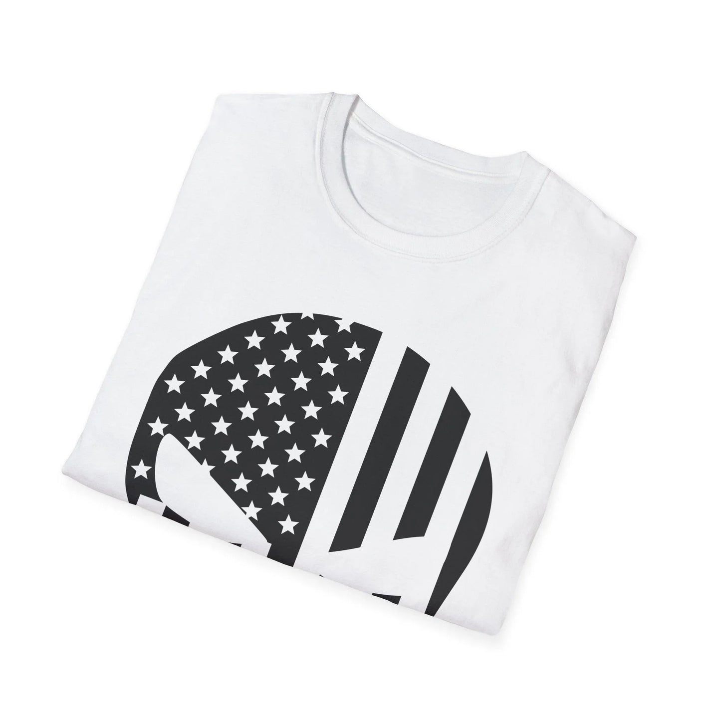 Front neckline detail showing the bold black and white American Skull Flag print on lightweight, relaxed-fit softstyle