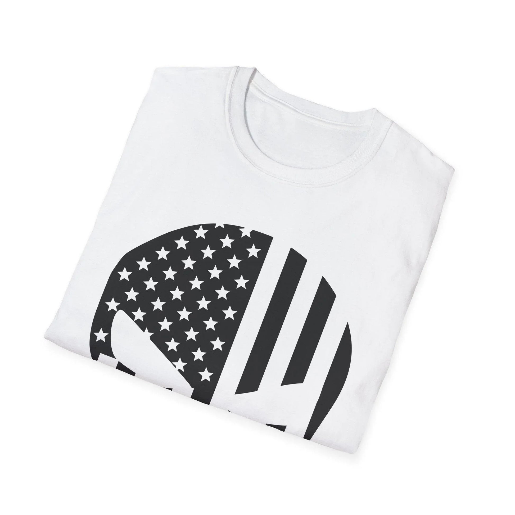 Front neckline detail showing the bold black and white American Skull Flag print on lightweight, relaxed-fit softstyle