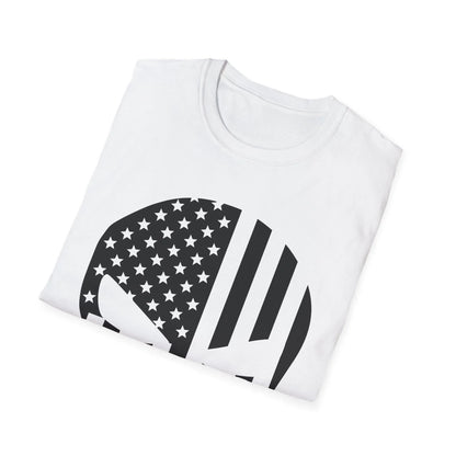 Front neckline detail showing the bold black and white American Skull Flag print on lightweight, relaxed-fit softstyle