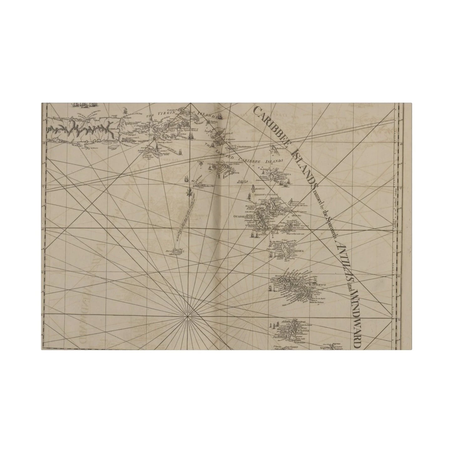 Close-up of vibrant Caribbean map detailing colorful island labels and textured canvas surface finish