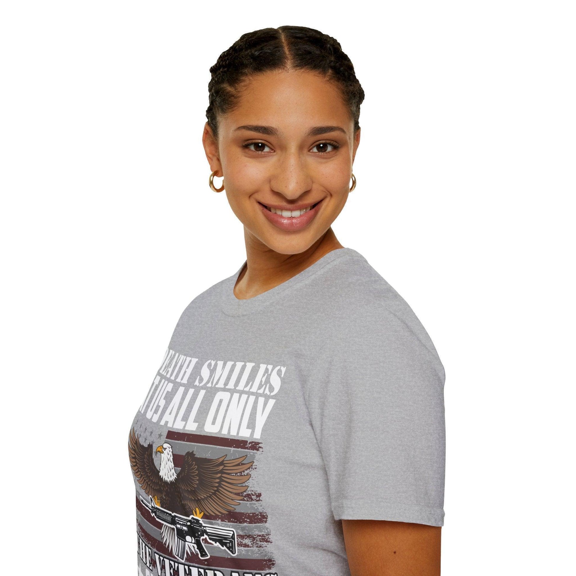 Close-up of the black cotton fabric showing the soft texture and subtle stitched neckline detail on the Death Smiles unisex