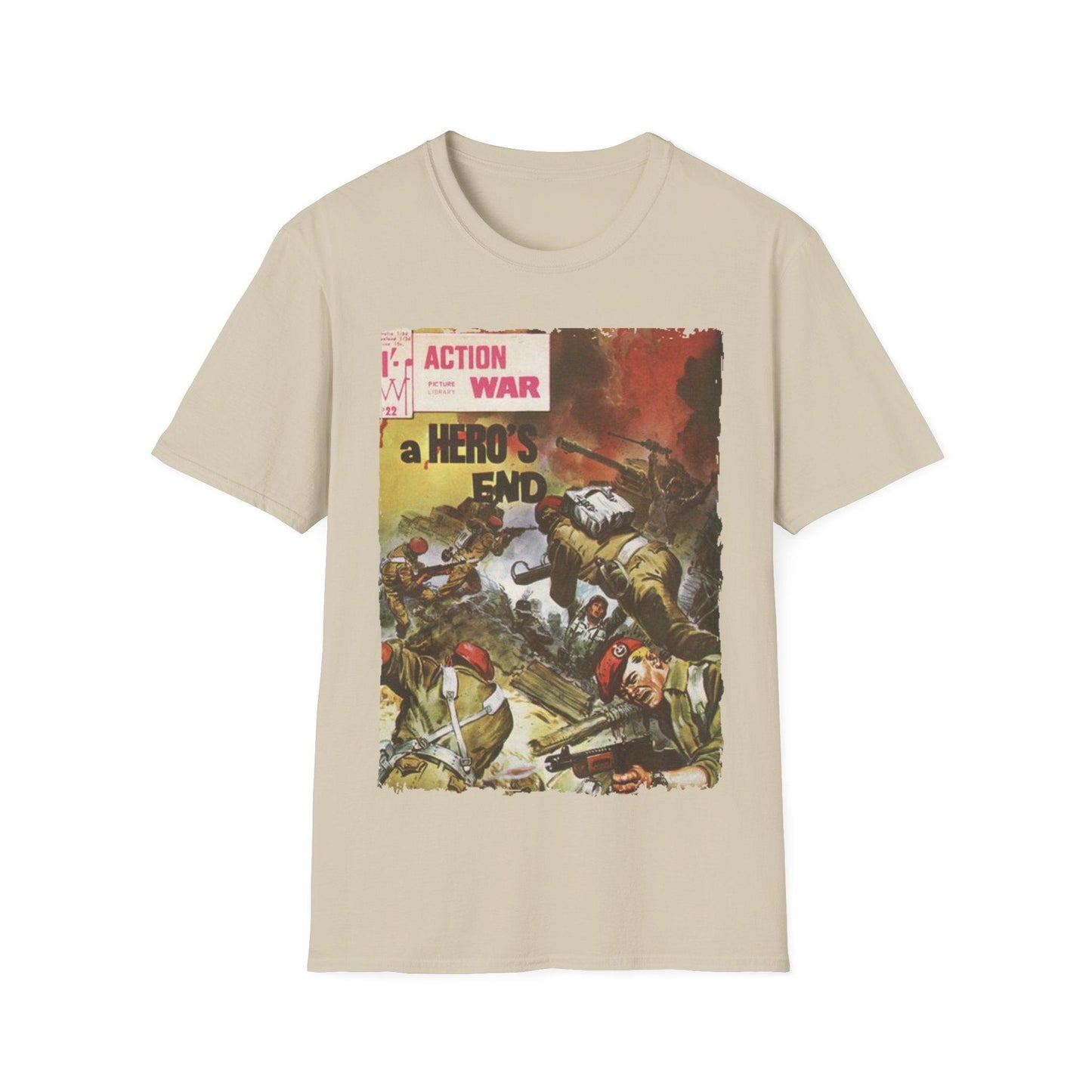 Close-up of the unisex softstyle T-shirt's collar showing smooth stitching and relaxed fit neckline in deep navy color.