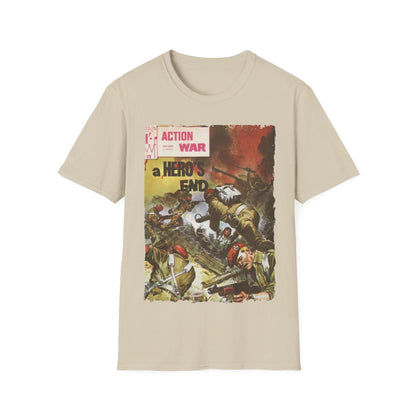 Close-up of the unisex softstyle T-shirt's collar showing smooth stitching and relaxed fit neckline in deep navy color.