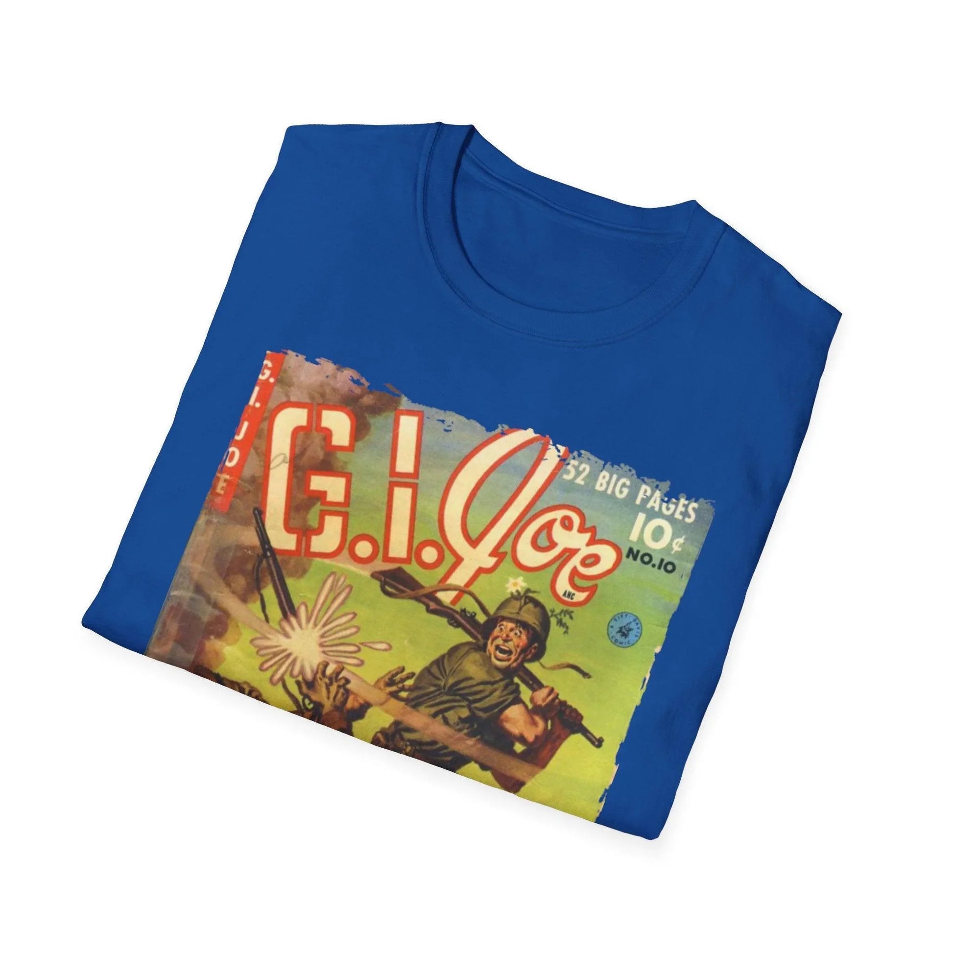 Close-up of the G.I. Joe No.10 unisex softstyle T-shirt's relaxed fit, featuring vibrant graphic print and comfortable
