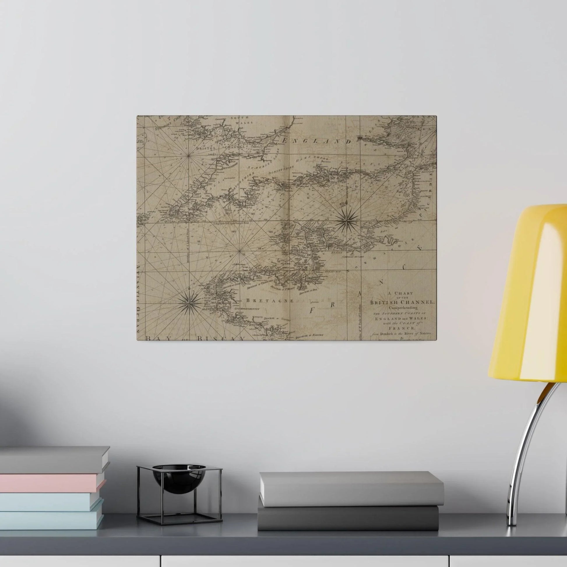 Close-up of the British Channel chart’s textured canvas surface highlighting detailed navy and white color accents and fine