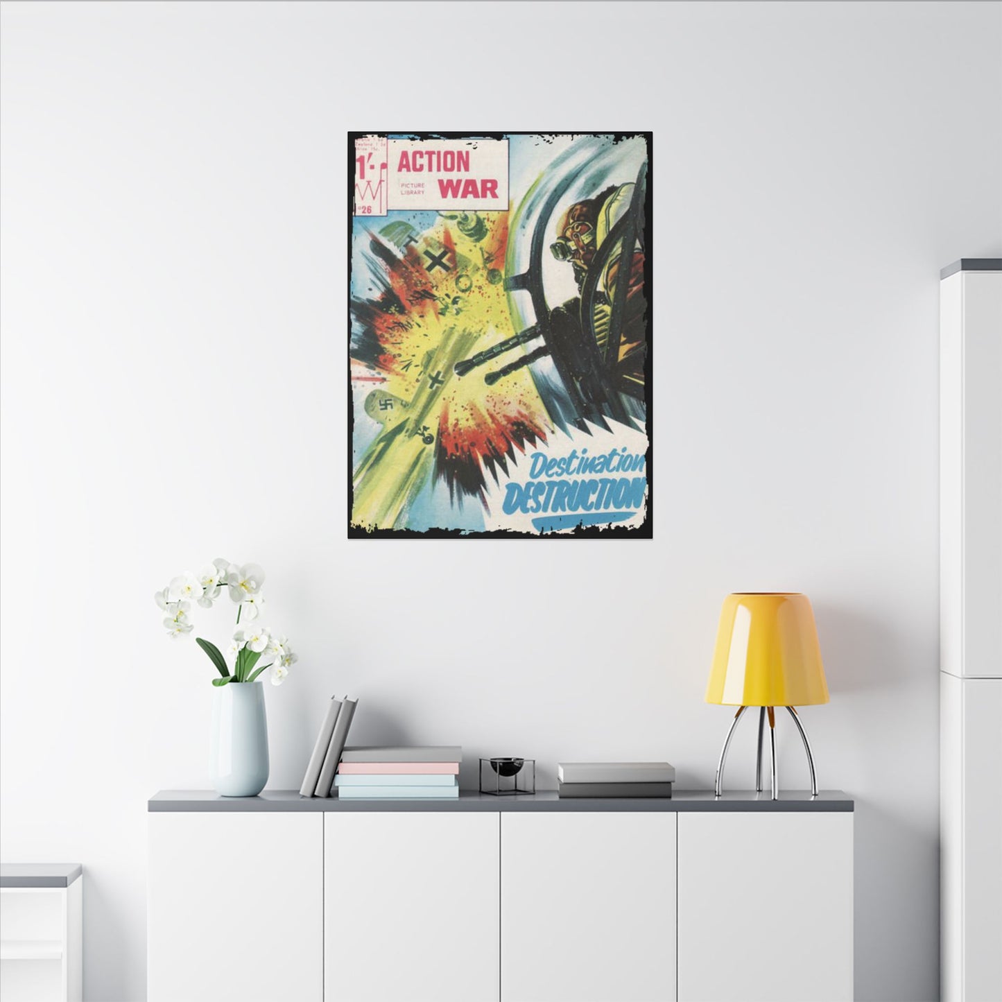 Close-up of the textured canvas surface showing detailed brushstroke patterns and subtle color variations on Action War #26