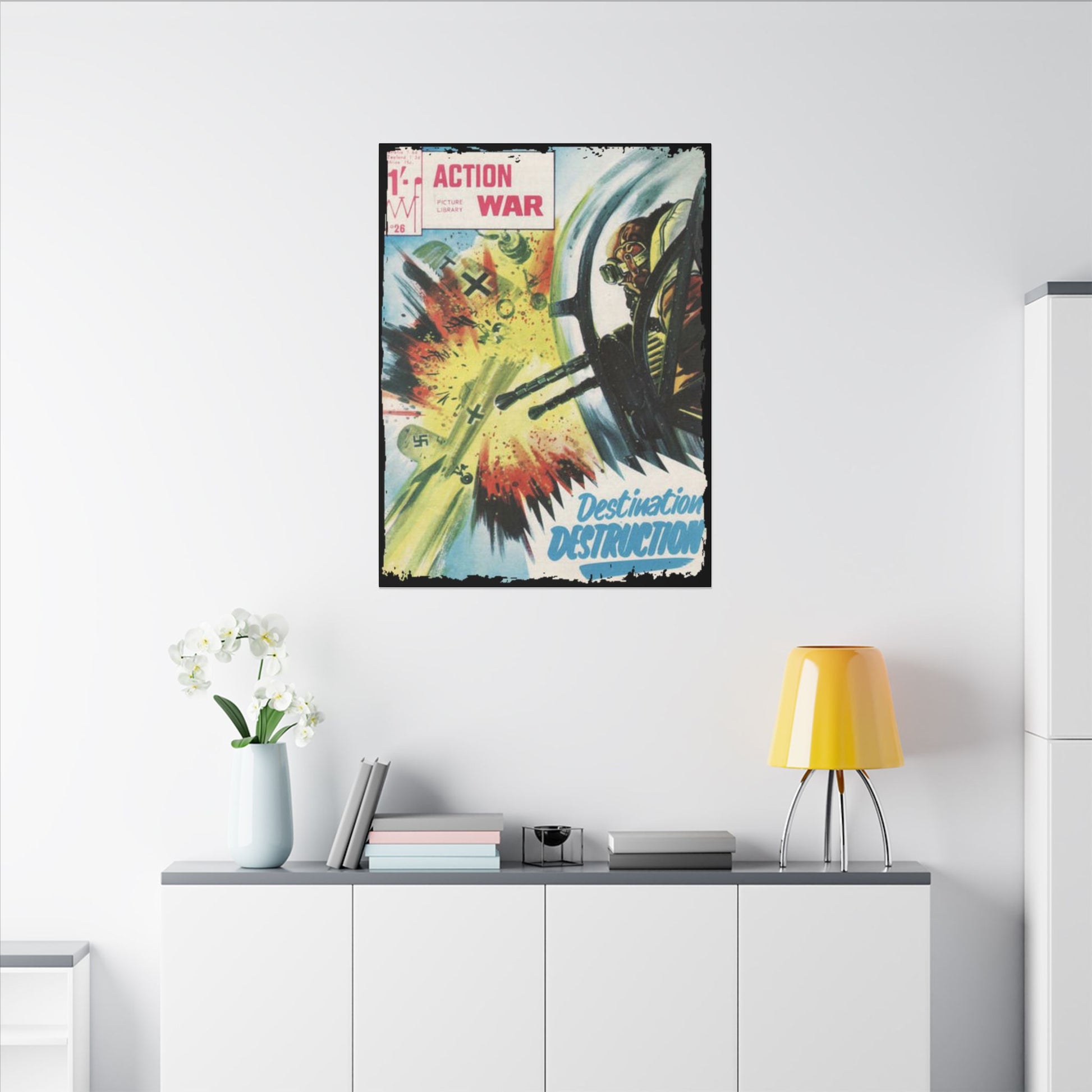 Close-up of the textured canvas surface showing detailed brushstroke patterns and subtle color variations on Action War #26