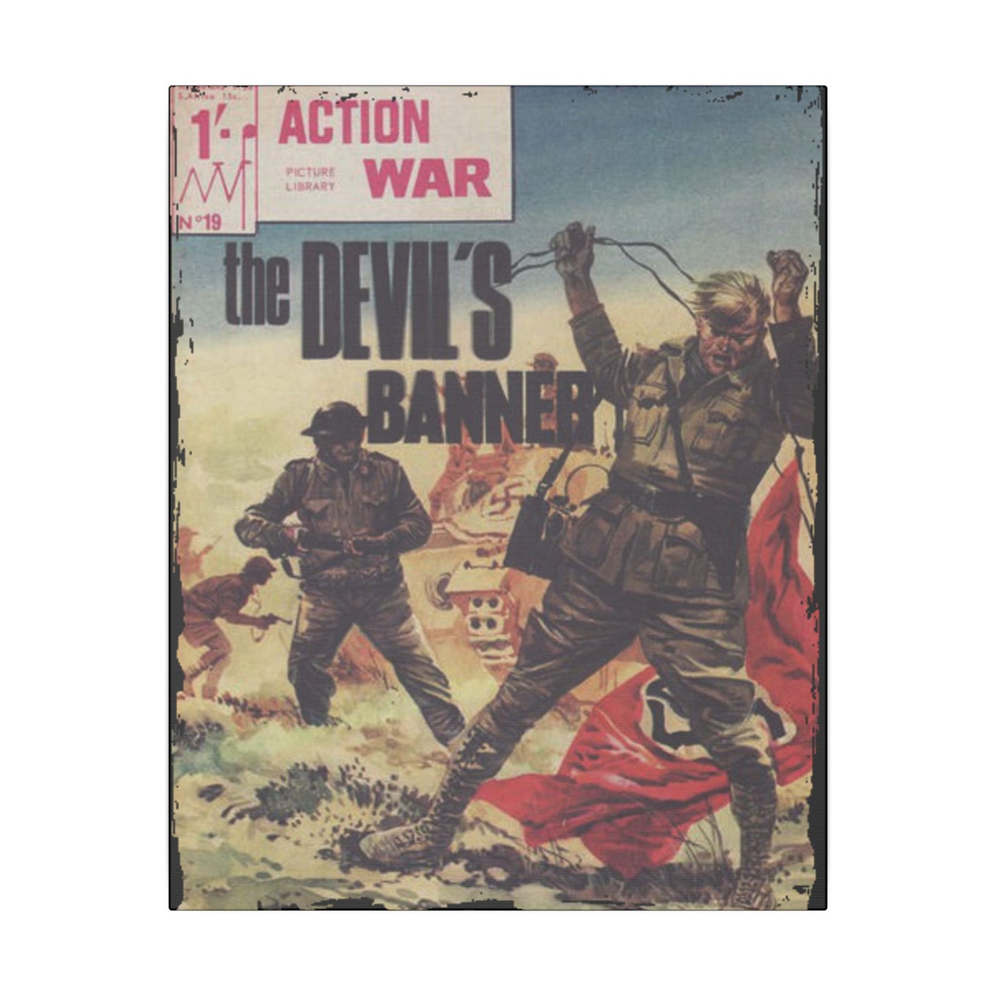 Close-up of textured canvas surface revealing subtle weave pattern and stitched edges on the Action War #19 print