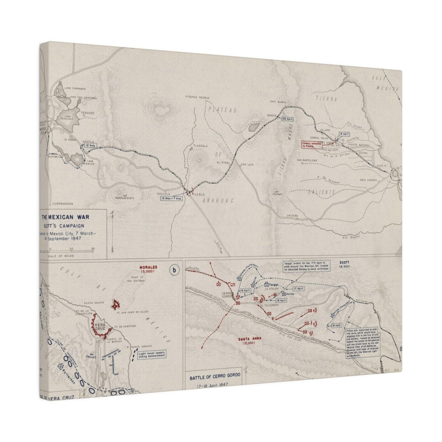 Close-up of the canvas texture highlighting brushstrokes and detail of the 1847 Mexican War Scott's Campaign artwork.