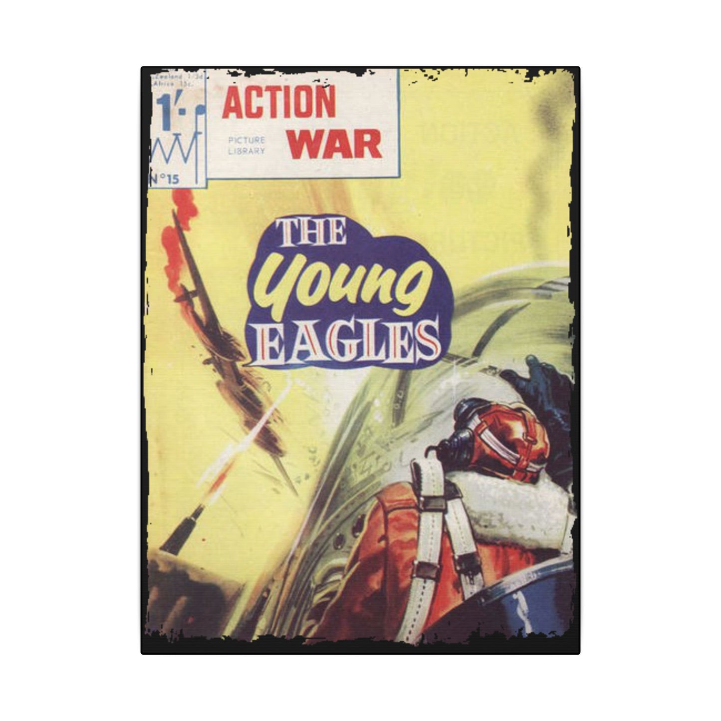 Close-up of the vintage "Action War #15" canvas print showcasing textured comic book cover art with vibrant colors and bold