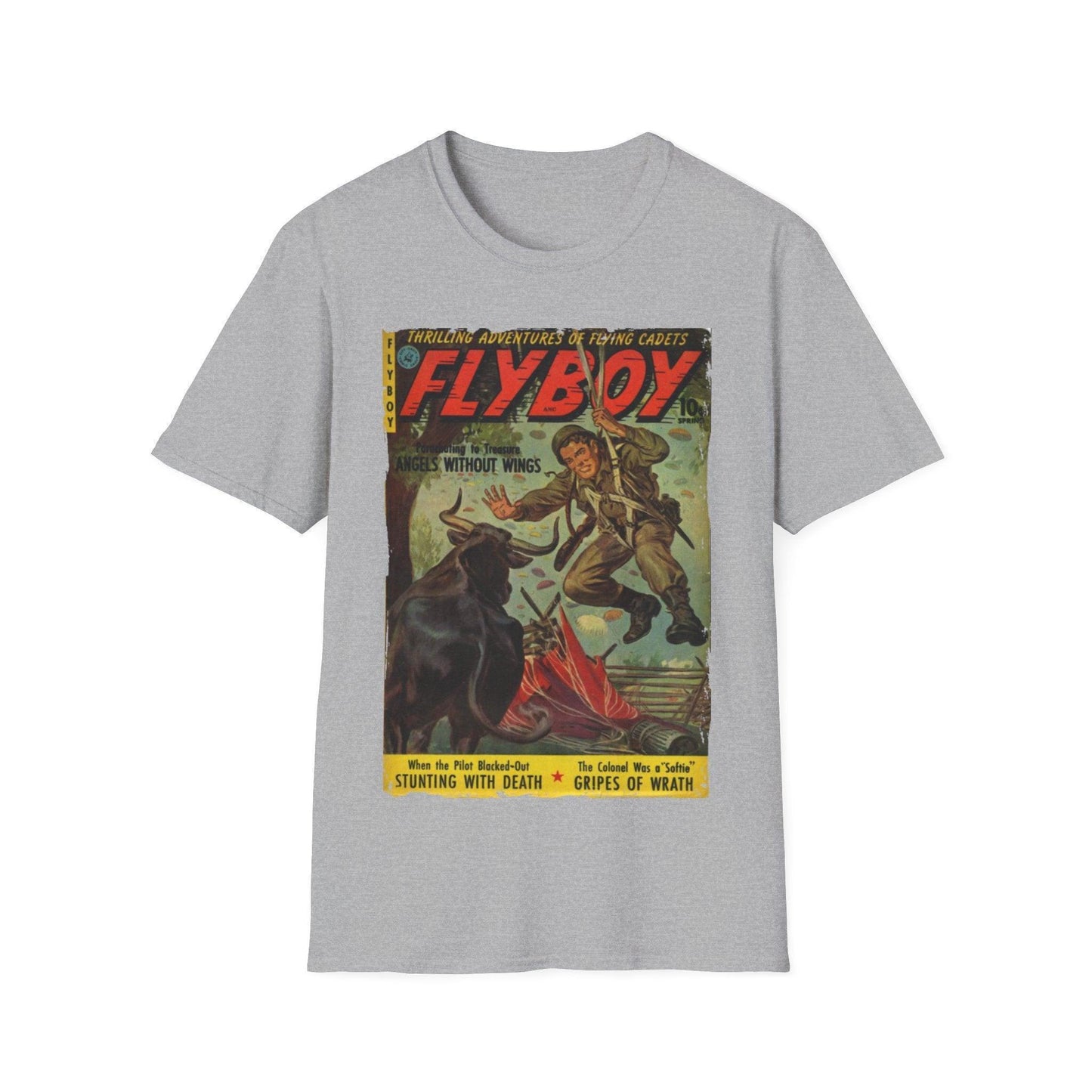 Softblue Flyboy No.1 unisex T-shirt laid flat, showcasing the crew neckline, relaxed fit, and smooth cotton fabric texture.