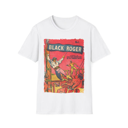 Close-up of the Black Roger No.1 unisex softstyle T-shirt's neckline and collar stitching detail from a front angle