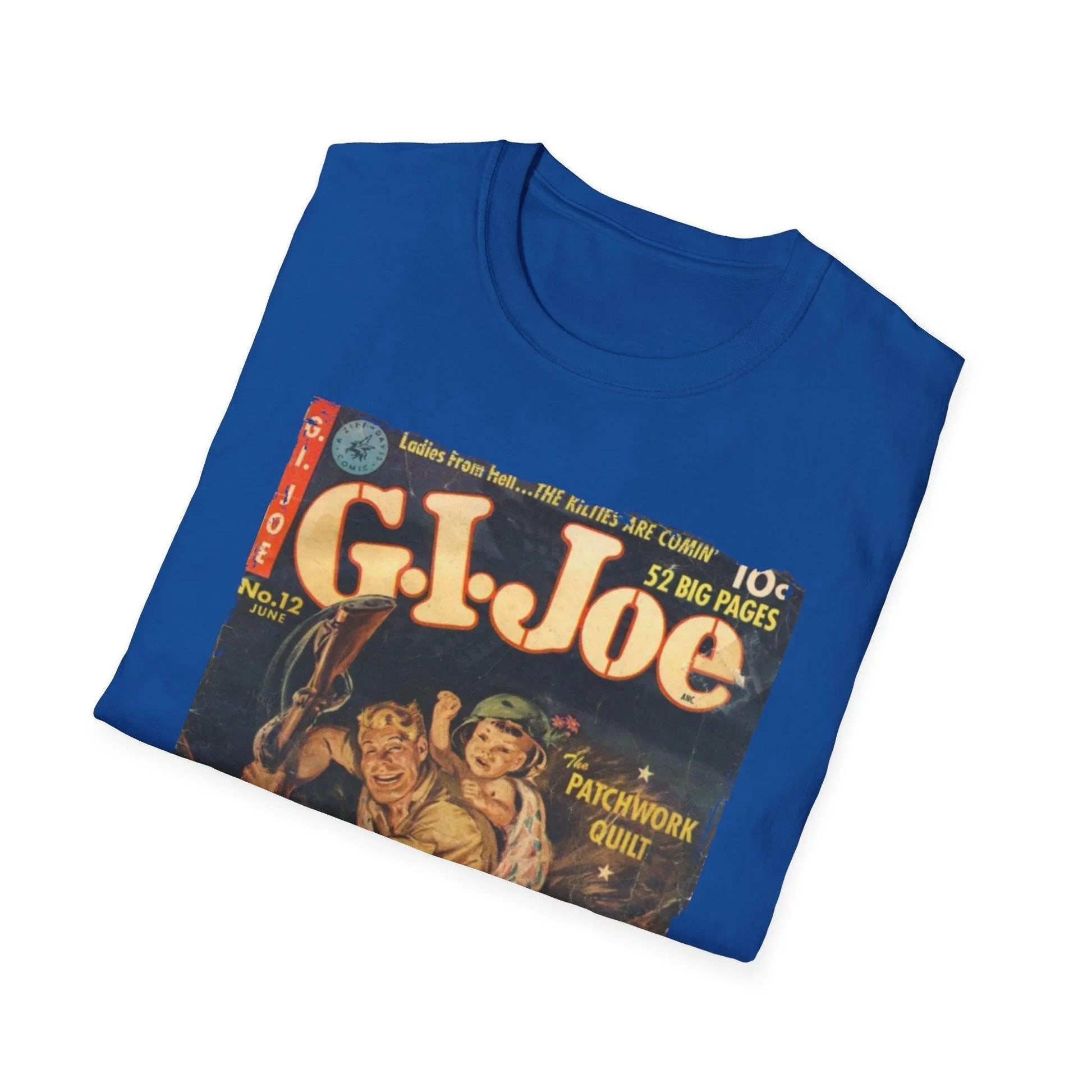 Close-up of the G.I. Joe No.12 Jun unisex softstyle T-shirt's chest embroidered logo on relaxed-fit navy fabric