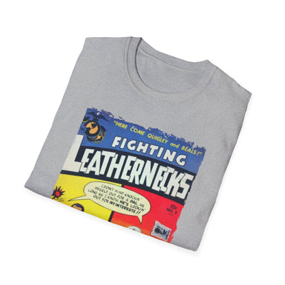 Close-up of the unisex softstyle T-shirt's fabric tag showing care instructions and 100% cotton material at the neckline