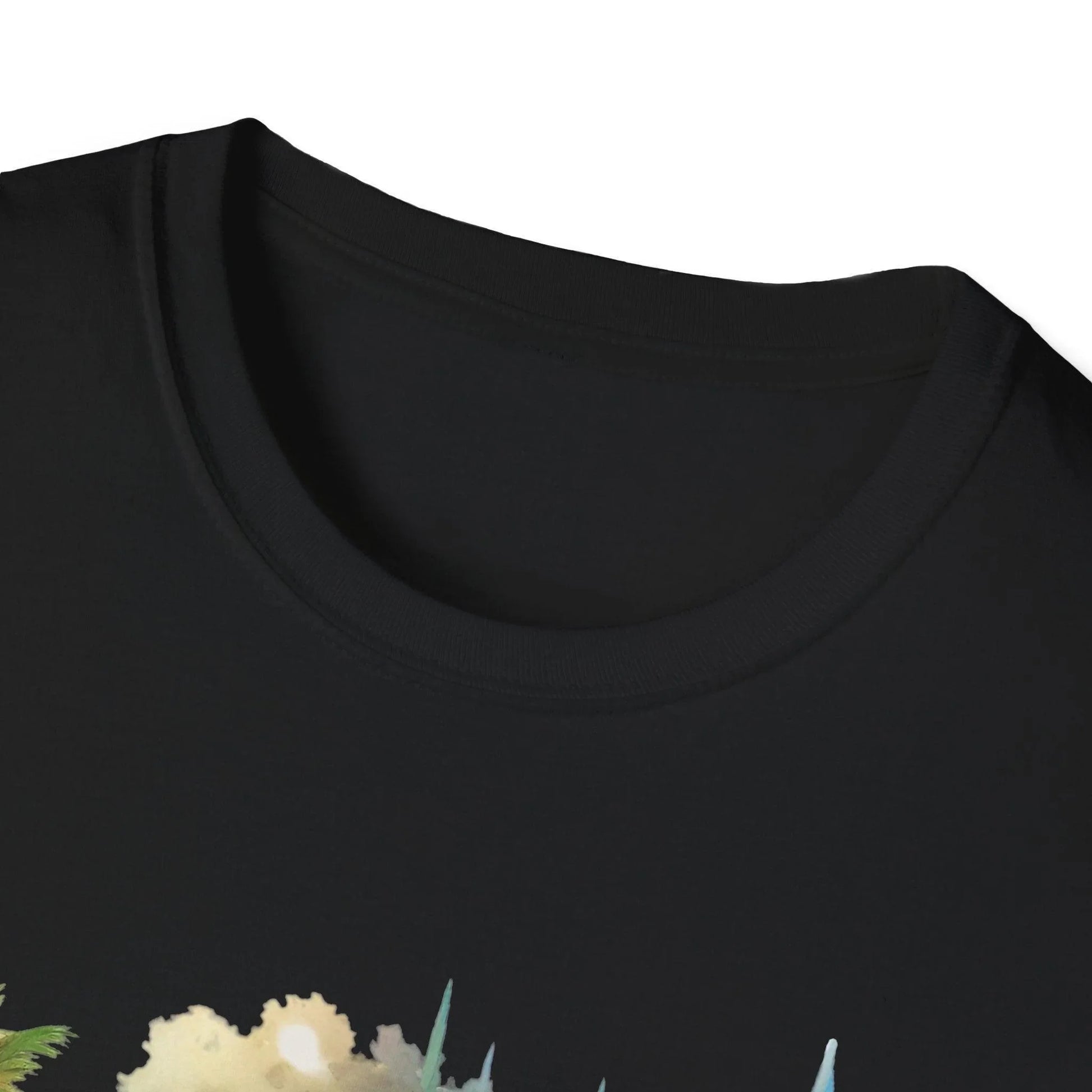 Close-up of the unisex softstyle T-shirt's relaxed fit collar and smooth fabric texture in faded navy blue from a front