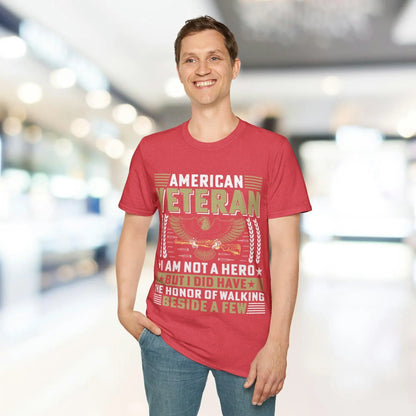 Close-up of the soft cotton fabric texture and relaxed fit of the unisex I AM NOT A HERO T-shirt in charcoal gray