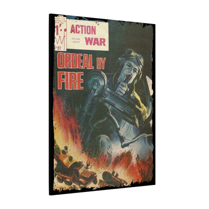 Close-up of textured canvas surface highlighting the detailed print of Action War #27 comic book artwork in vibrant colors