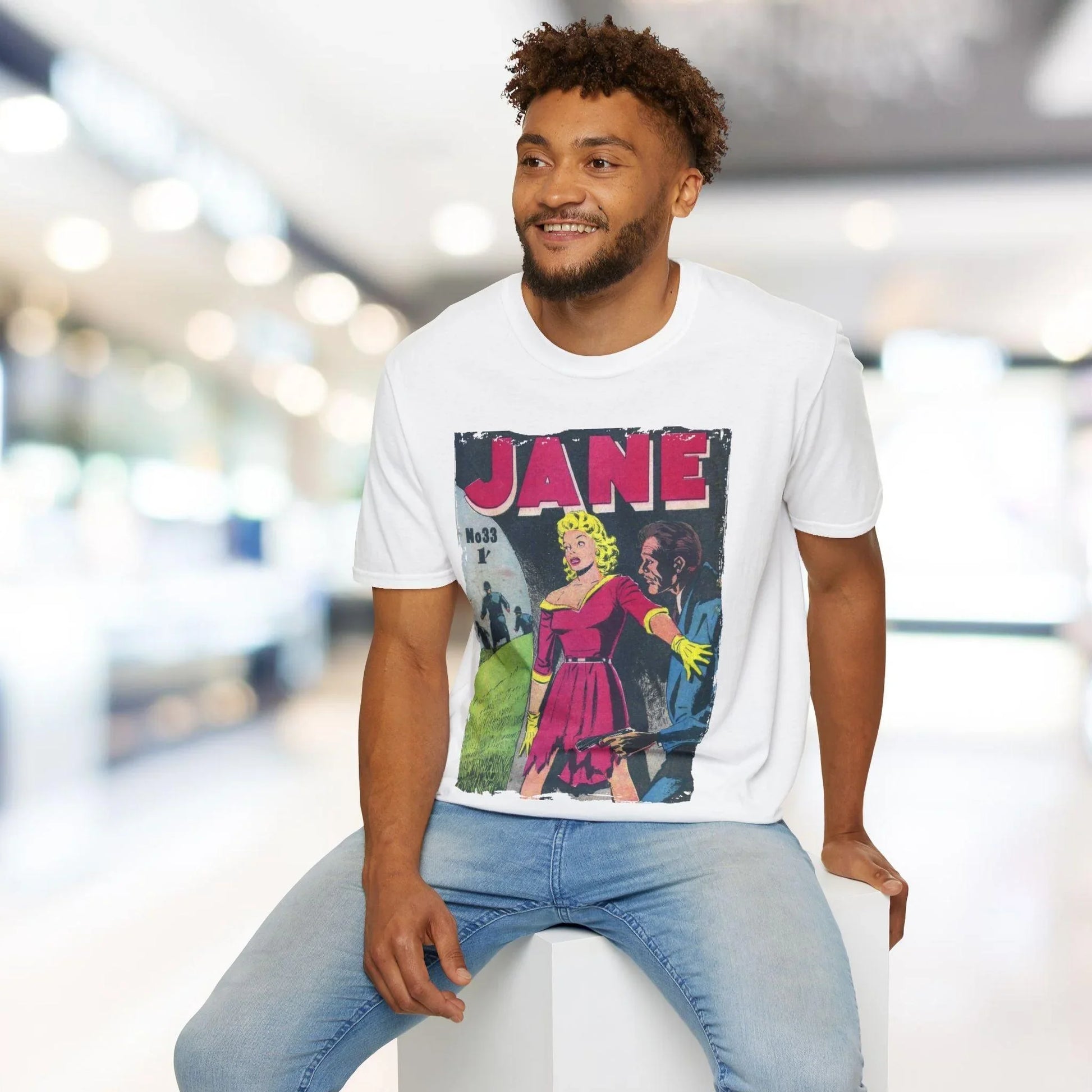 Close-up of the Jane No.33 unisex T-shirt's relaxed fit, showing soft cotton fabric in heather gray with subtle stitching