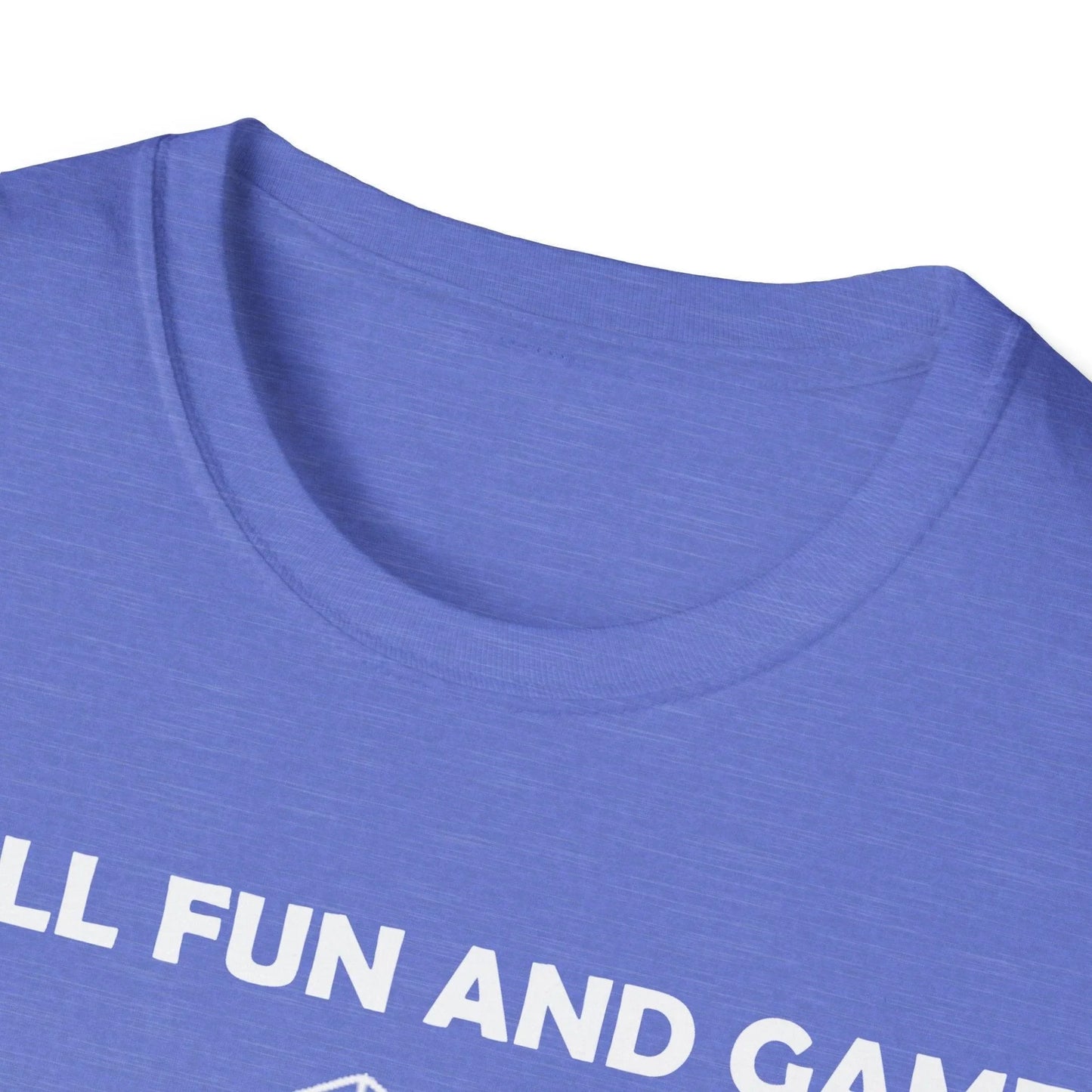 Close-up of the White All Fun and Games T-Shirt fabric showing soft cotton texture and relaxed fit neckline from a slightly