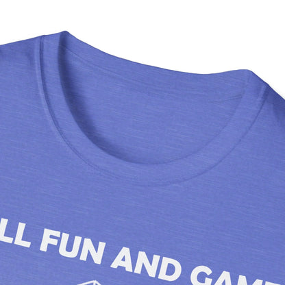 Close-up of the White All Fun and Games T-Shirt fabric showing soft cotton texture and relaxed fit neckline from a slightly