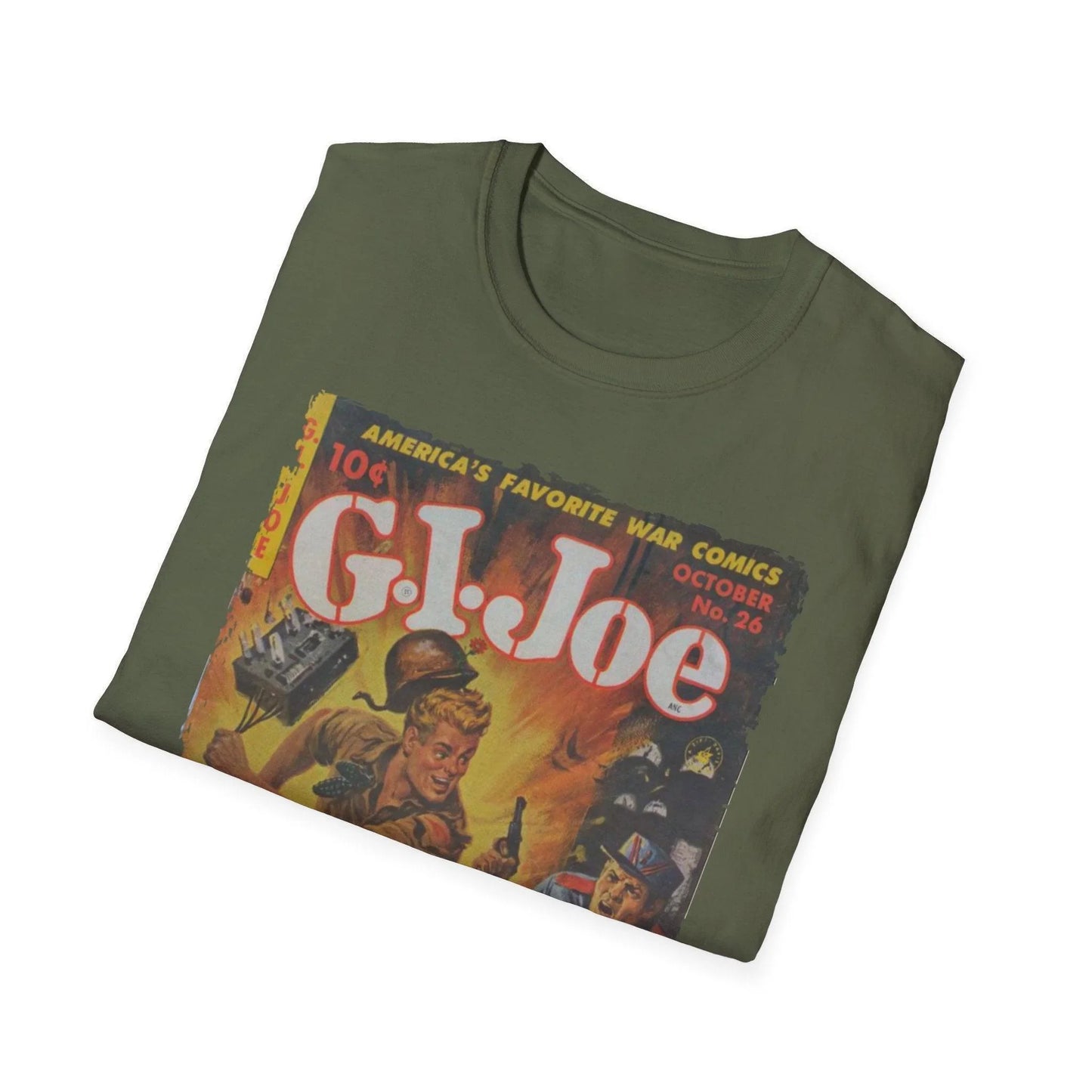 Close-up of the G.I. Joe No.26 softstyle T-shirt’s bright red fabric showing subtle textured weave and double-stitched hem
