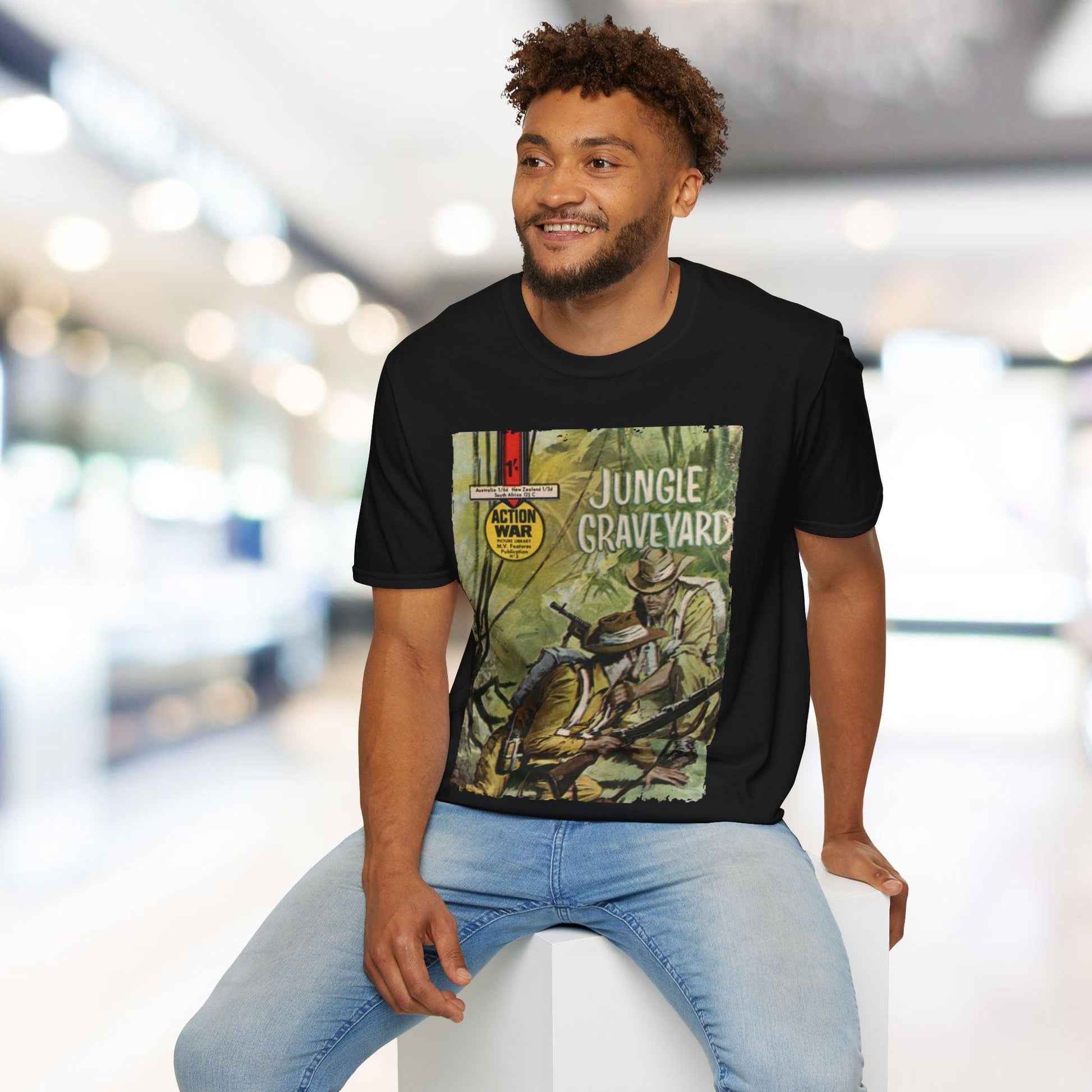 Close-up of the unisex softstyle T-shirt's navy fabric displaying smooth texture and subtle heather pattern at the neckline