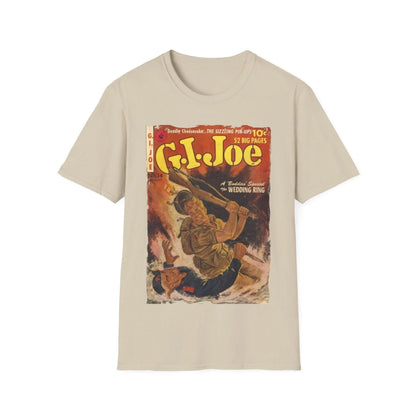 Close-up of the G.I. Joe No.14 print detail on the chest area of the relaxed-fit black cotton T-shirt with crew neckline and