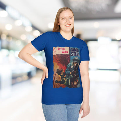 Close-up of the unisex softstyle T-shirt's light heather gray fabric and reinforced double-stitched neckline detail.