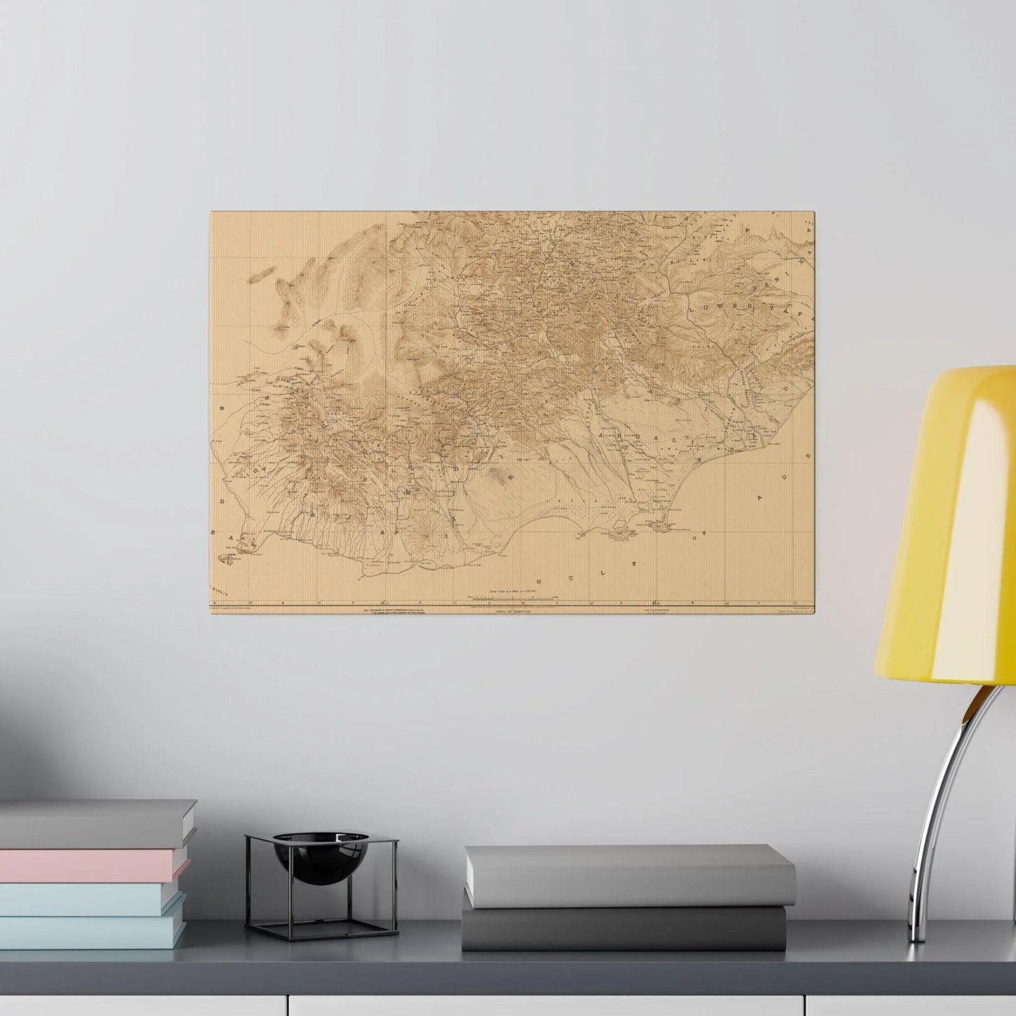 Close-up of textured canvas surface highlighting the detailed print of the Arabian Peninsula map from 1914 in earthy tones