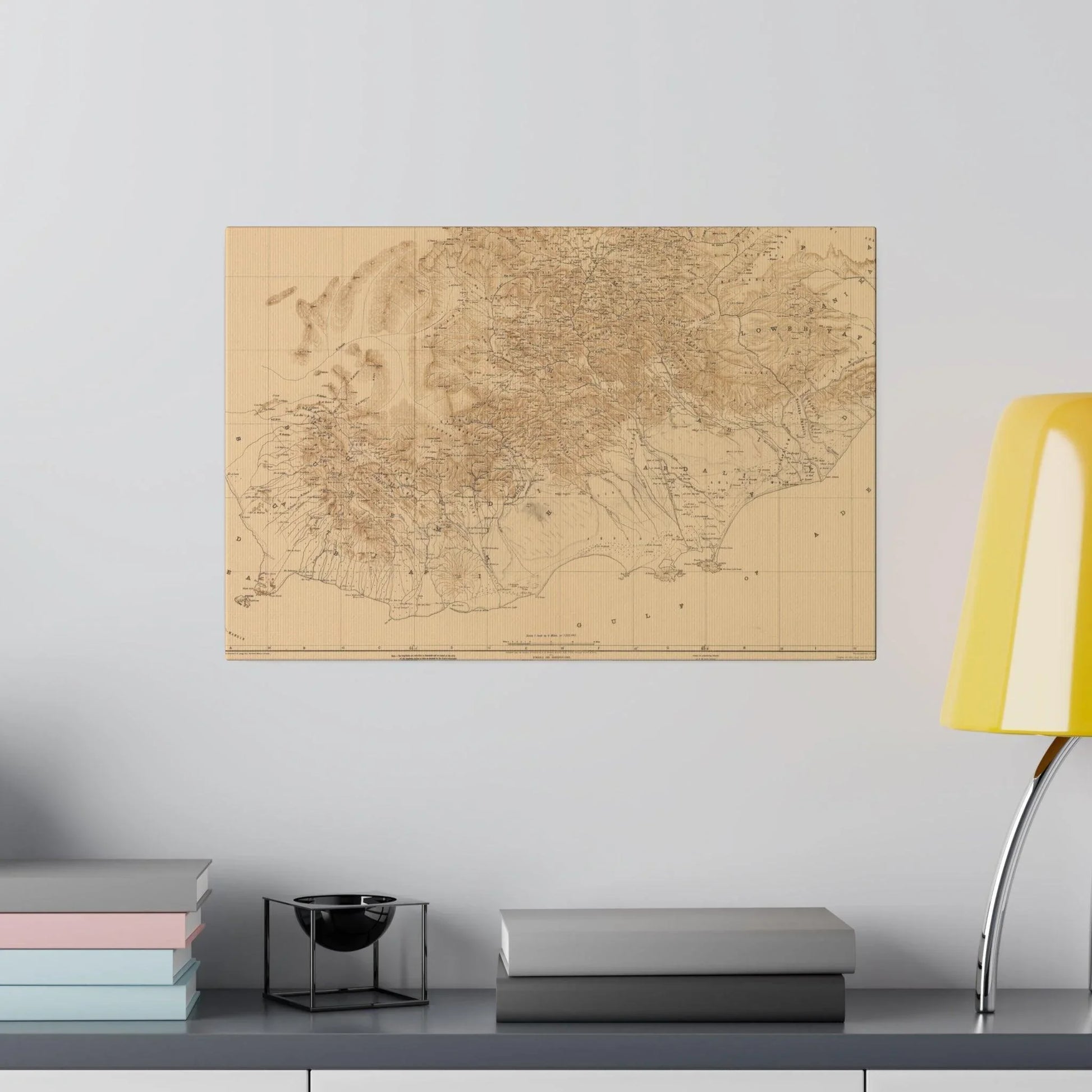 Close-up of textured canvas surface highlighting the detailed print of the Arabian Peninsula map from 1914 in earthy tones