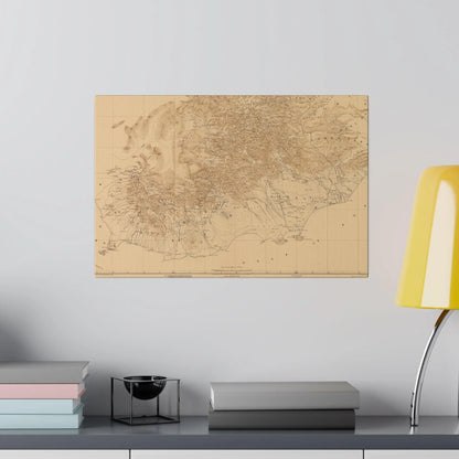 Close-up of textured canvas surface highlighting the detailed print of the Arabian Peninsula map from 1914 in earthy tones