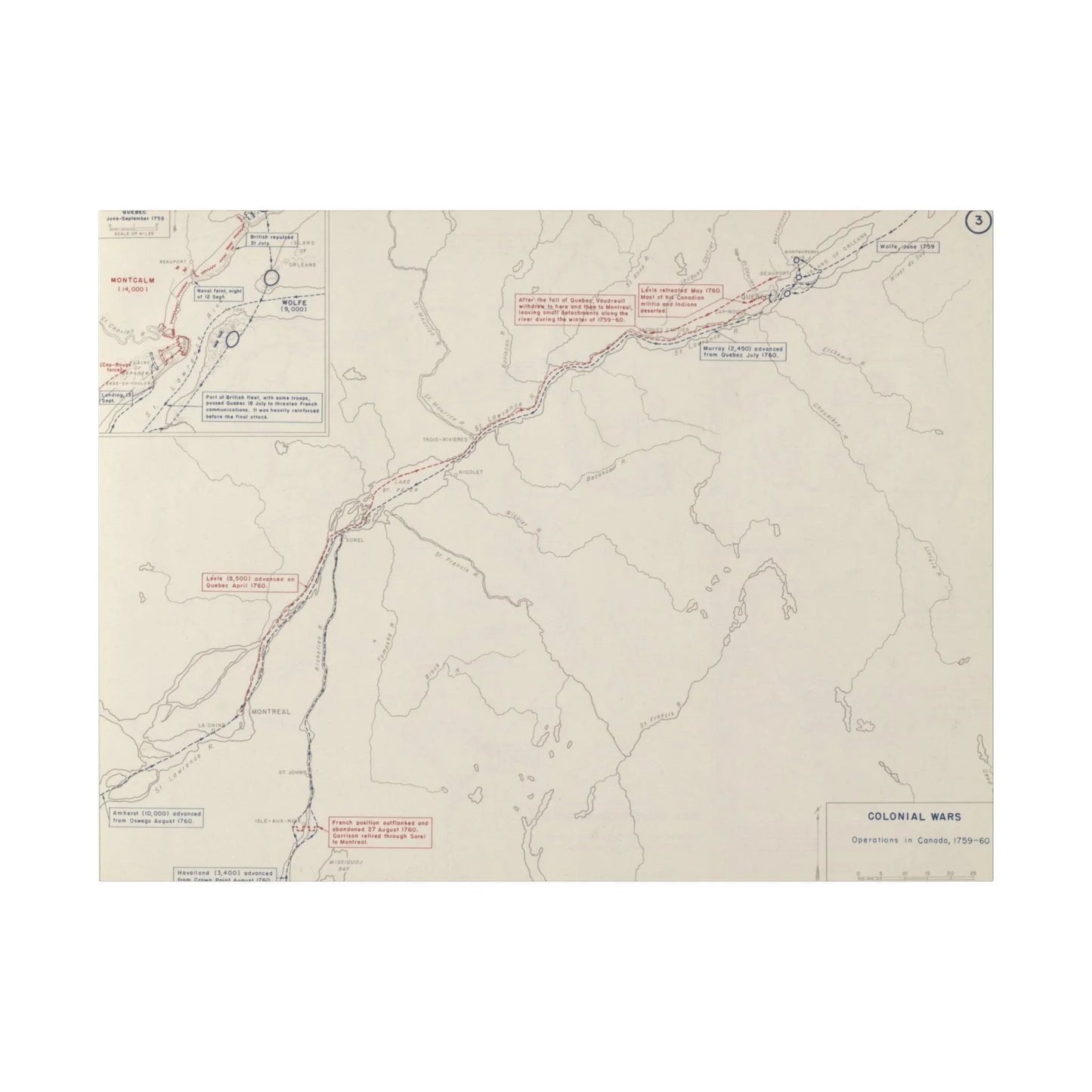 Printify canvas depicting Colonial Wars, Operations in Canada 1759-1760 scene with matte finish, wood frame, eco-friendly