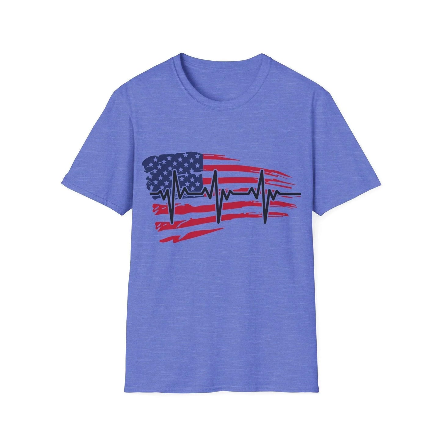 Close-up of distressed American flag heartbeat graphic on soft navy slim-fit T-shirt fabric showing textured print details