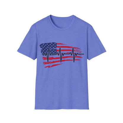 Close-up of distressed American flag heartbeat graphic on soft navy slim-fit T-shirt fabric showing textured print details
