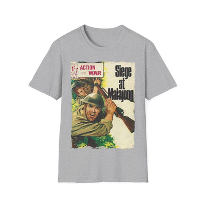 Close-up of the unisex softstyle T-shirt fabric showing heathered grey texture and slim fit neckline detail from a front