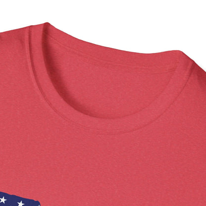 Close-up of the American flag guns print on the front chest area of the unisex softstyle T-shirt with relaxed fit and crew