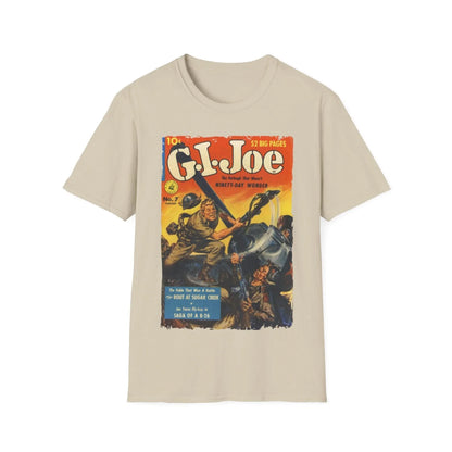 Close-up of the G.I. Joe No.7 softstyle T-shirt's neckline featuring a reinforced ribbed collar in vibrant blue fabric and